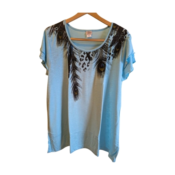 Adrian Delafield Blue Feather Print Women's Top Size 2X NWOT - Picture 1 of 10